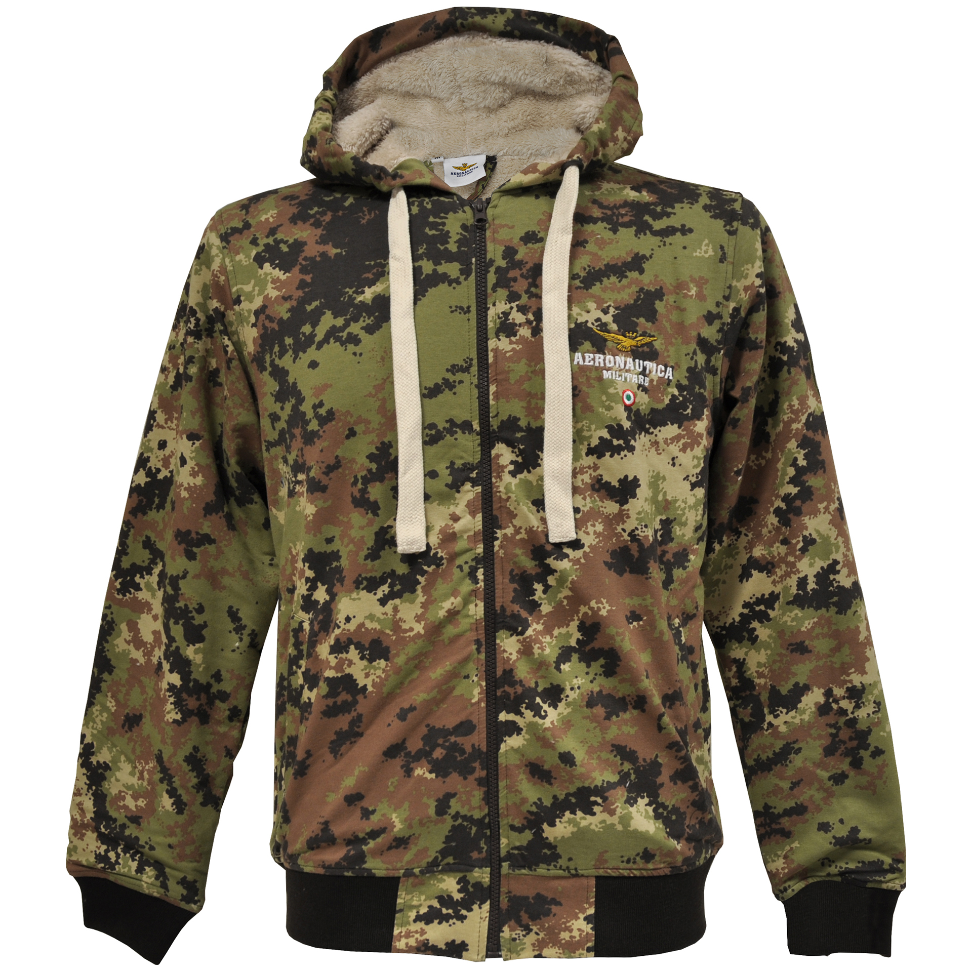 FELPA MIMETICA CON CAPPUCCIO, ZIP, TASCONI FRONTALI, LOGO RICAMATO AERONAUTICA MILITARE